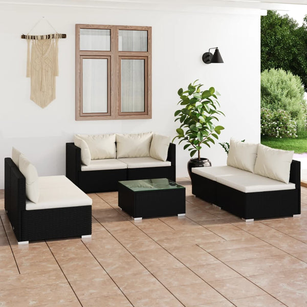 7-tlg. Garten-Lounge-Set mit Kissen Poly Rattan Schwarz