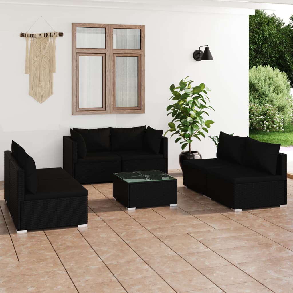 7-tlg. Garten-Lounge-Set mit Kissen Poly Rattan Schwarz