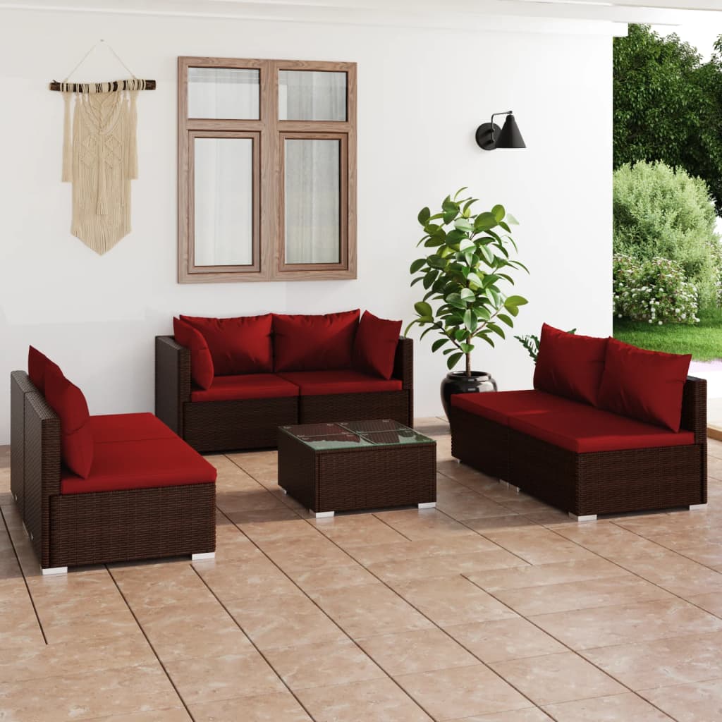 7-tlg. Garten-Lounge-Set mit Kissen Poly Rattan Braun