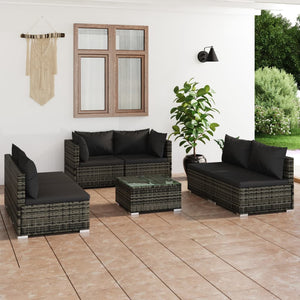 7-tlg. Garten-Lounge-Set mit Kissen Poly Rattan Grau