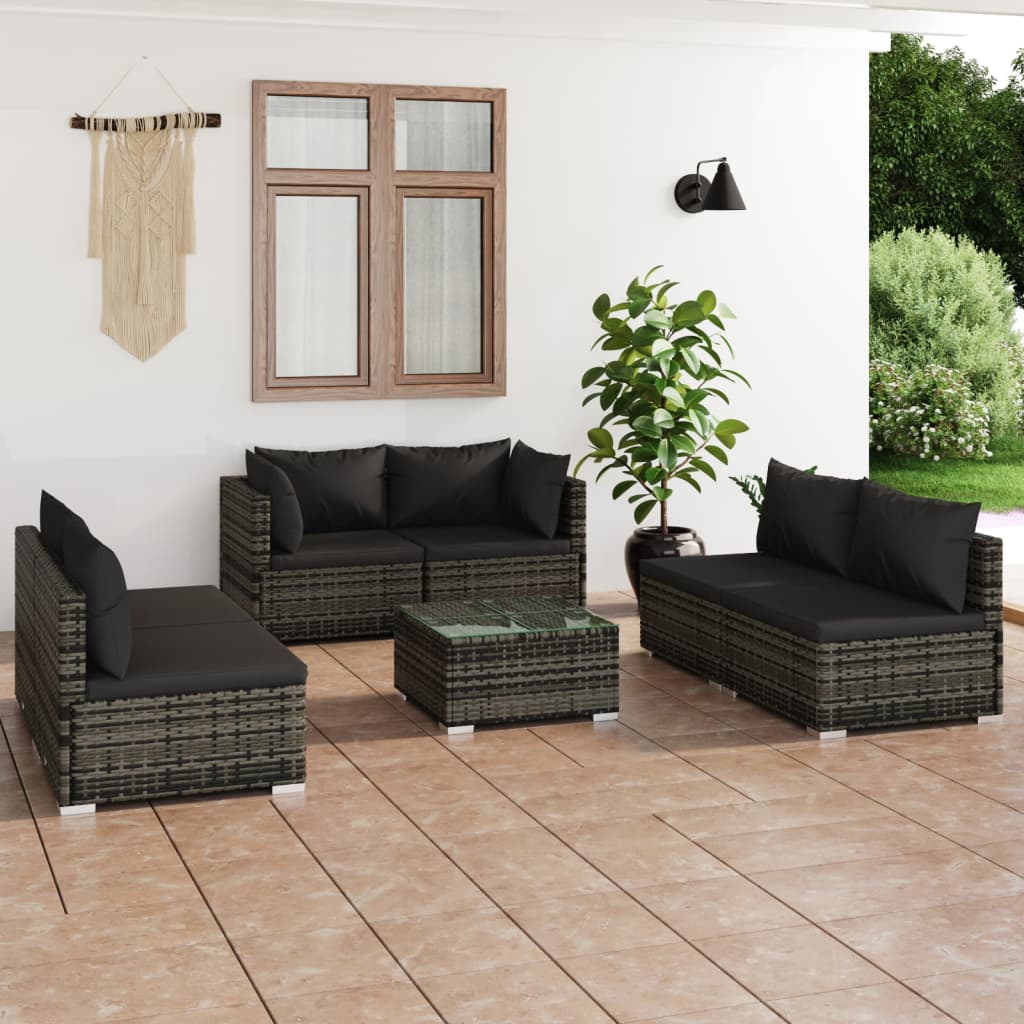 7-tlg. Garten-Lounge-Set mit Kissen Poly Rattan Grau