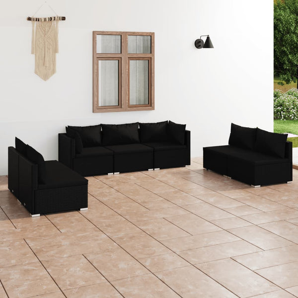 7-tlg. Garten-Lounge-Set mit Kissen Poly Rattan Schwarz