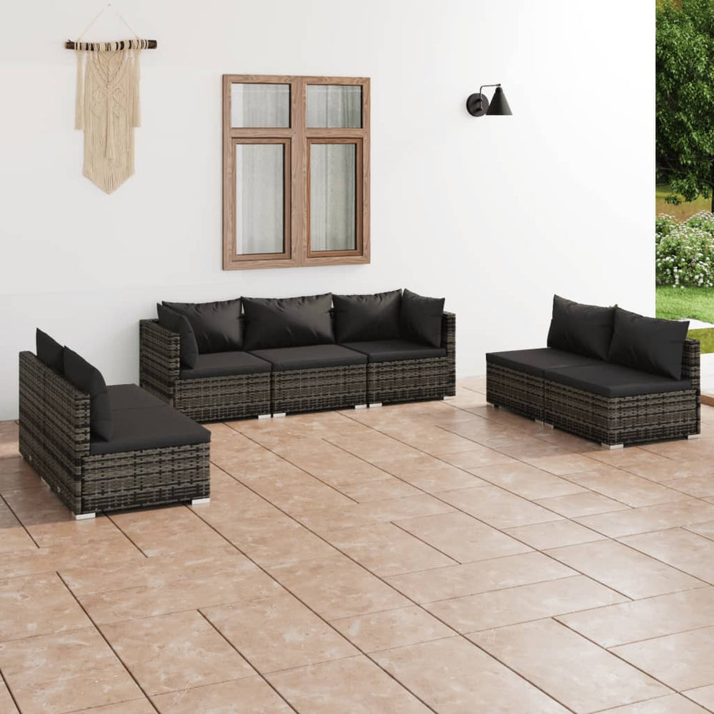 7-tlg. Garten-Lounge-Set mit Kissen Poly Rattan Grau