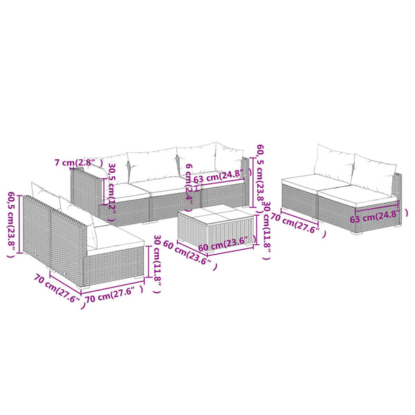 8-tlg. Garten-Lounge-Set mit Kissen Poly Rattan Grau