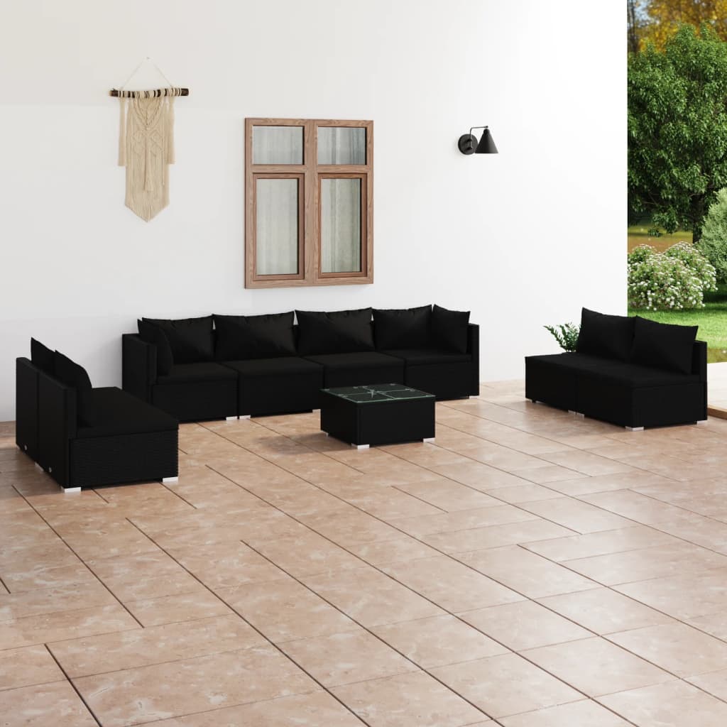 9-tlg. Garten-Lounge-Set mit Kissen Poly Rattan Schwarz