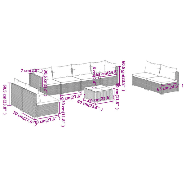 9-tlg. Garten-Lounge-Set mit Kissen Poly Rattan Grau