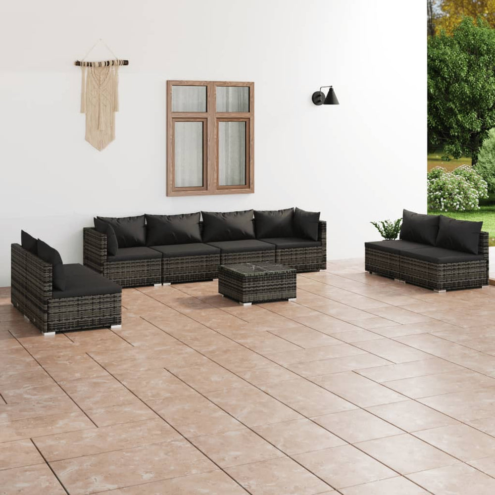 9-tlg. Garten-Lounge-Set mit Kissen Poly Rattan Grau