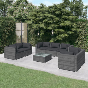 8-tlg. Garten-Lounge-Set mit Kissen Poly Rattan Grau