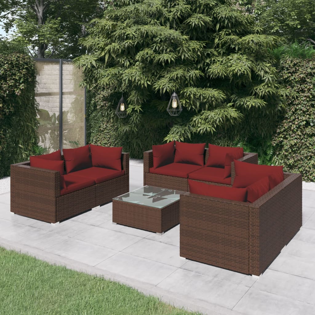 7-tlg. Garten-Lounge-Set mit Kissen Poly Rattan Braun