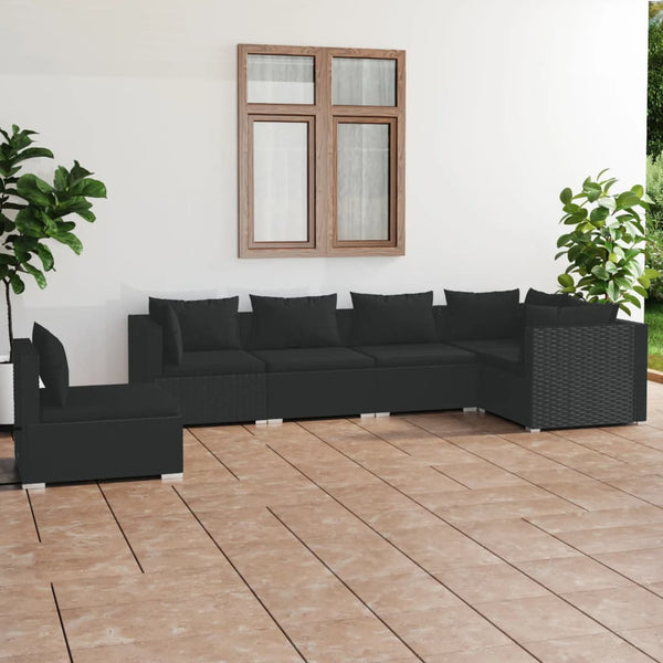 6-tlg. Garten-Lounge-Set mit Kissen Poly Rattan Schwarz