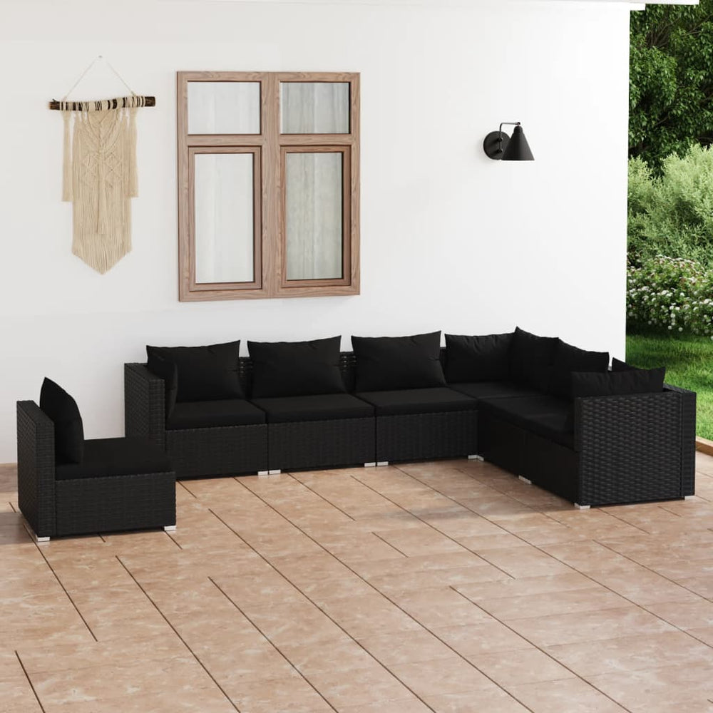 7-tlg. Garten-Lounge-Set mit Kissen Poly Rattan Schwarz