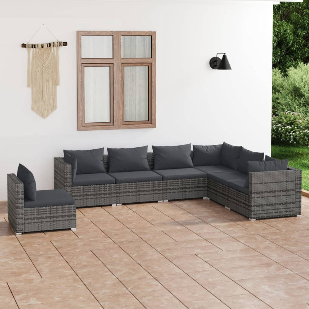 7-tlg. Garten-Lounge-Set mit Kissen Poly Rattan Grau