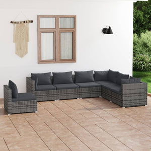 7-tlg. Garten-Lounge-Set mit Kissen Poly Rattan Grau