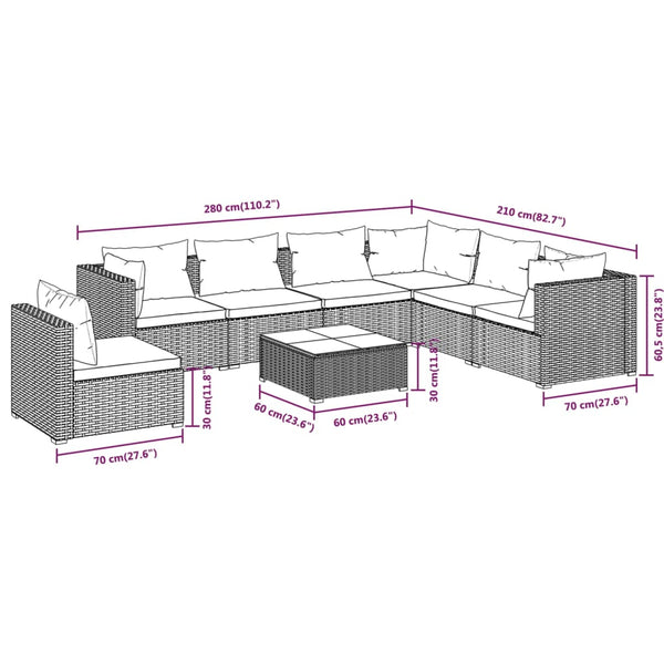 8-tlg. Garten-Lounge-Set mit Kissen Poly Rattan Braun