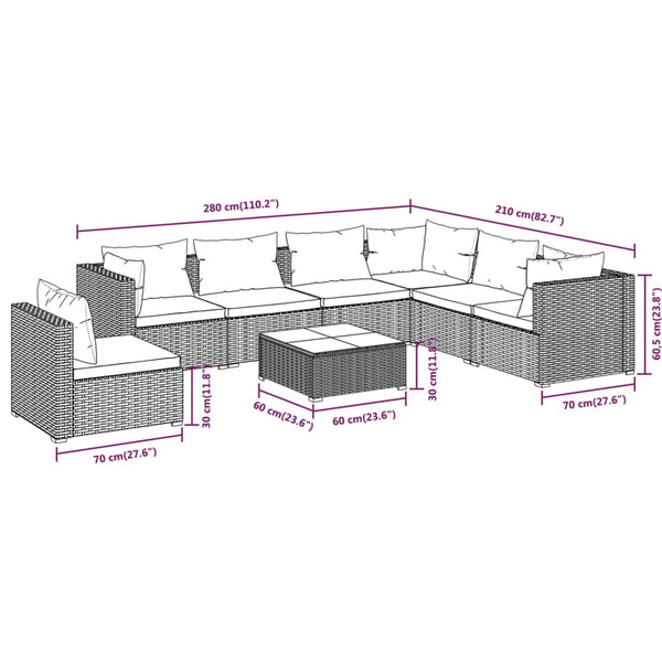 8-tlg. Garten-Lounge-Set mit Kissen Poly Rattan Grau
