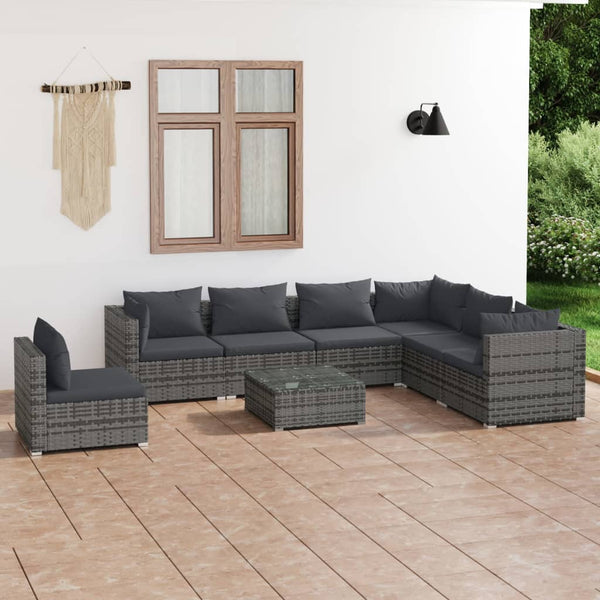 8-tlg. Garten-Lounge-Set mit Kissen Poly Rattan Grau