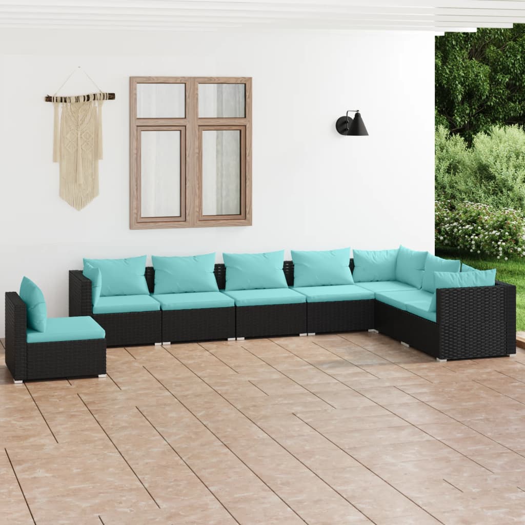 8-tlg. Garten-Lounge-Set mit Kissen Poly Rattan Schwarz