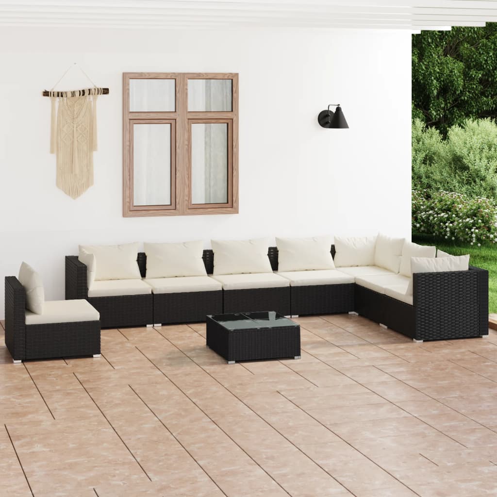 9-tlg. Garten-Lounge-Set mit Kissen Poly Rattan Schwarz
