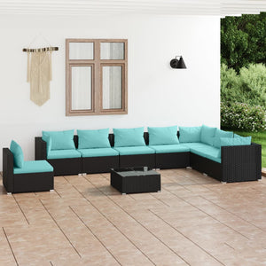 9-tlg. Garten-Lounge-Set mit Kissen Poly Rattan Schwarz