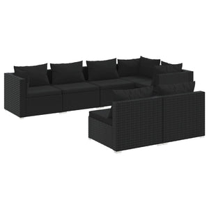 7-tlg. Garten-Lounge-Set mit Kissen Schwarz Poly Rattan