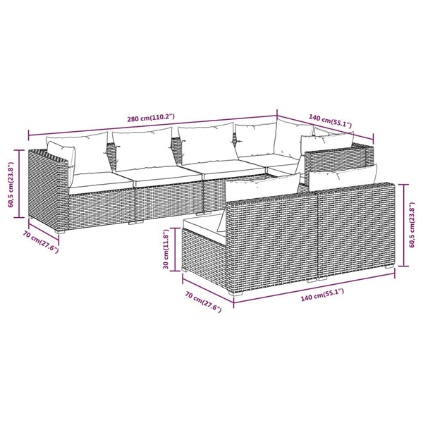 7-tlg. Garten-Lounge-Set mit Kissen Schwarz Poly Rattan