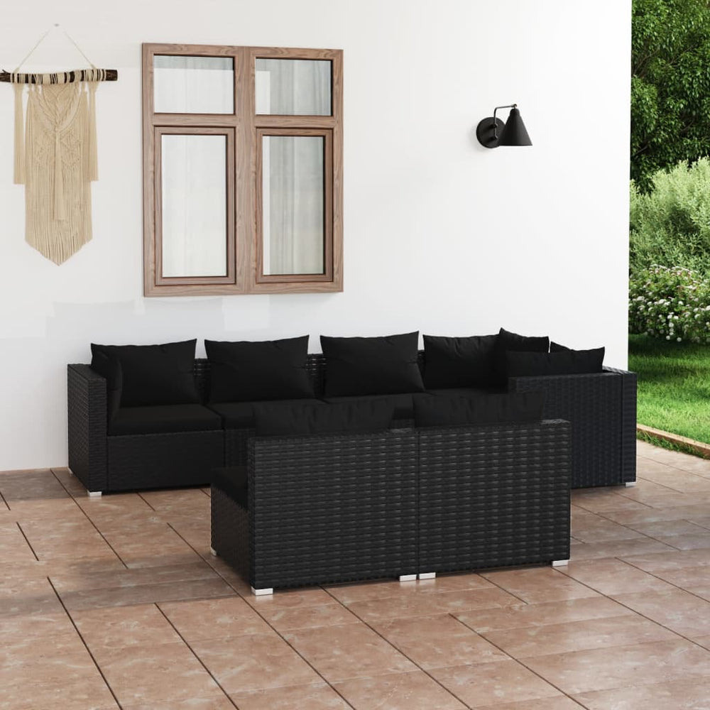 7-tlg. Garten-Lounge-Set mit Kissen Schwarz Poly Rattan