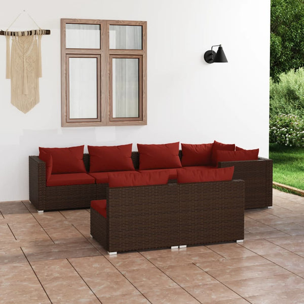 7-tlg. Garten-Lounge-Set mit Kissen Braun Poly Rattan