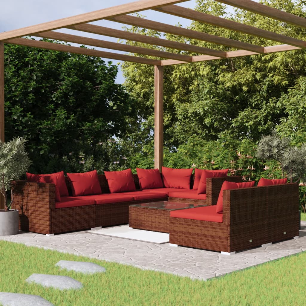 8-tlg. Garten-Lounge-Set mit Kissen Braun Poly Rattan