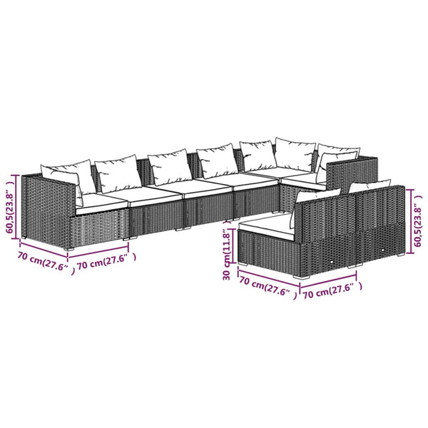 8-tlg. Garten-Lounge-Set mit Kissen Grau Poly Rattan