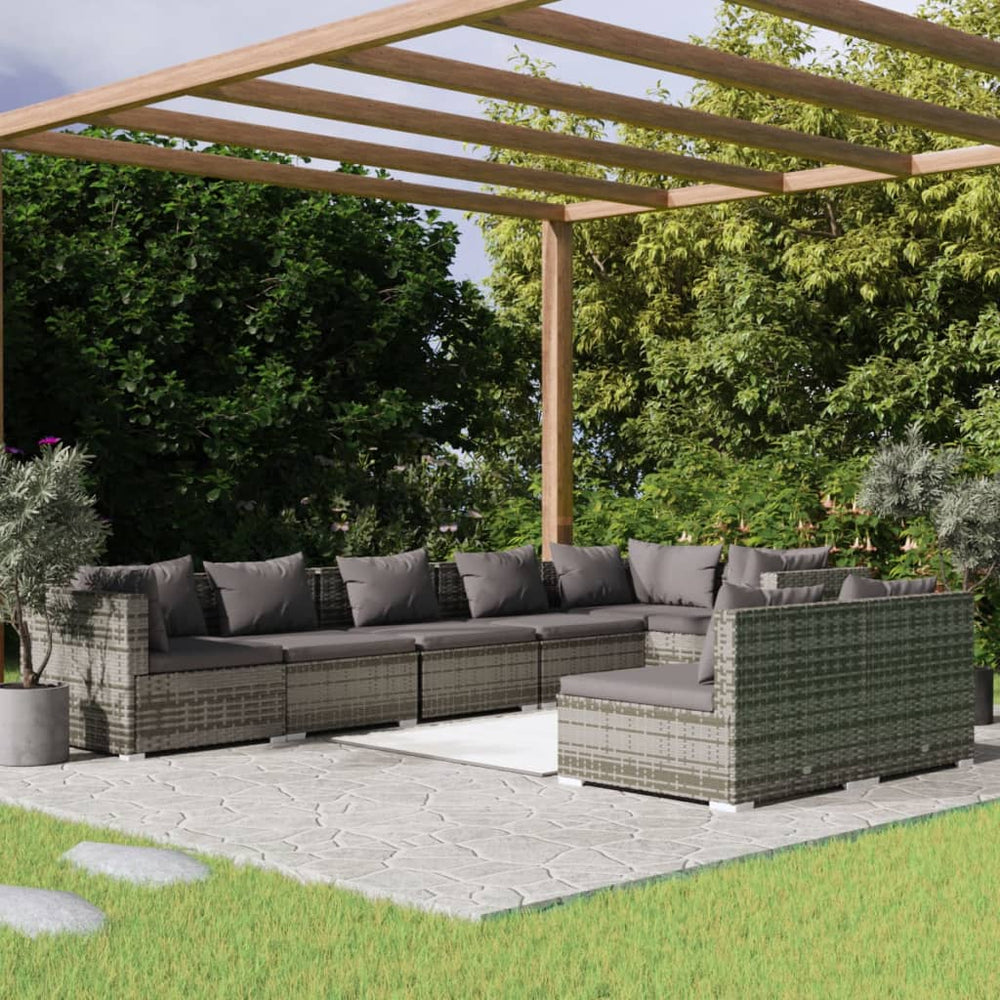8-tlg. Garten-Lounge-Set mit Kissen Grau Poly Rattan