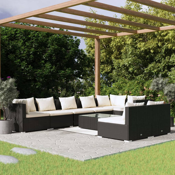 9-tlg. Garten-Lounge-Set mit Kissen Schwarz Poly Rattan