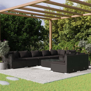 9-tlg. Garten-Lounge-Set mit Kissen Schwarz Poly Rattan