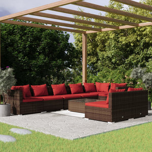 9-tlg. Garten-Lounge-Set mit Kissen Braun Poly Rattan
