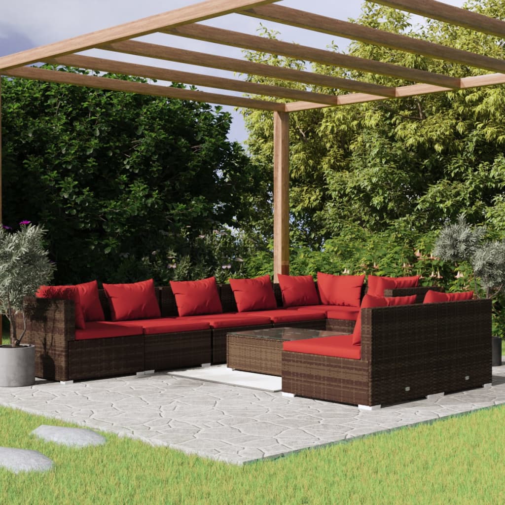 9-tlg. Garten-Lounge-Set mit Kissen Braun Poly Rattan