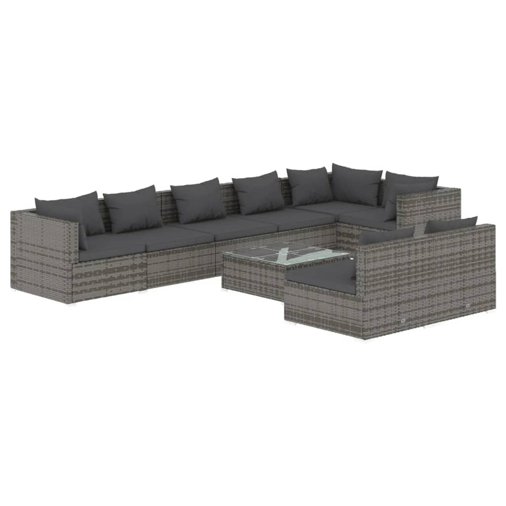 9-tlg. Garten-Lounge-Set mit Kissen Grau Poly Rattan
