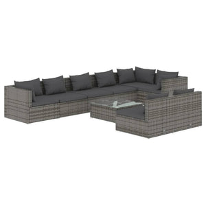 9-tlg. Garten-Lounge-Set mit Kissen Grau Poly Rattan
