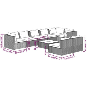 9-tlg. Garten-Lounge-Set mit Kissen Grau Poly Rattan