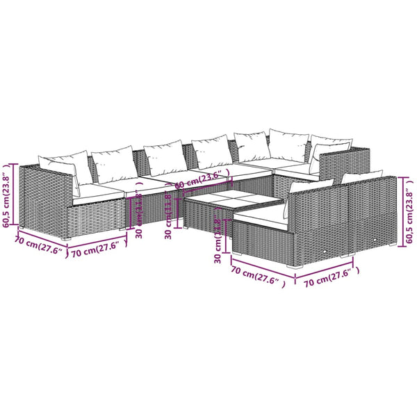 9-tlg. Garten-Lounge-Set mit Kissen Grau Poly Rattan
