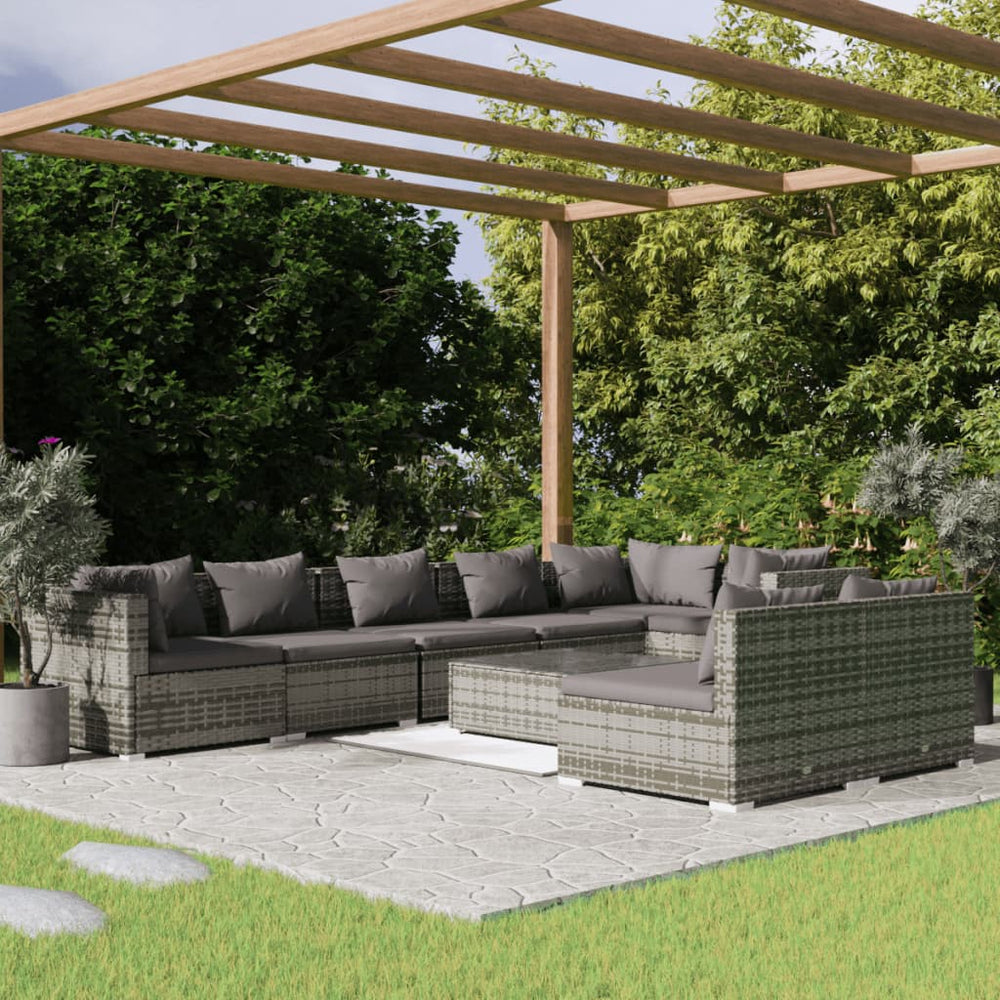 9-tlg. Garten-Lounge-Set mit Kissen Grau Poly Rattan