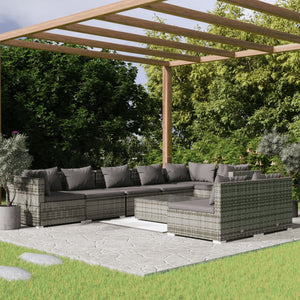 9-tlg. Garten-Lounge-Set mit Kissen Grau Poly Rattan