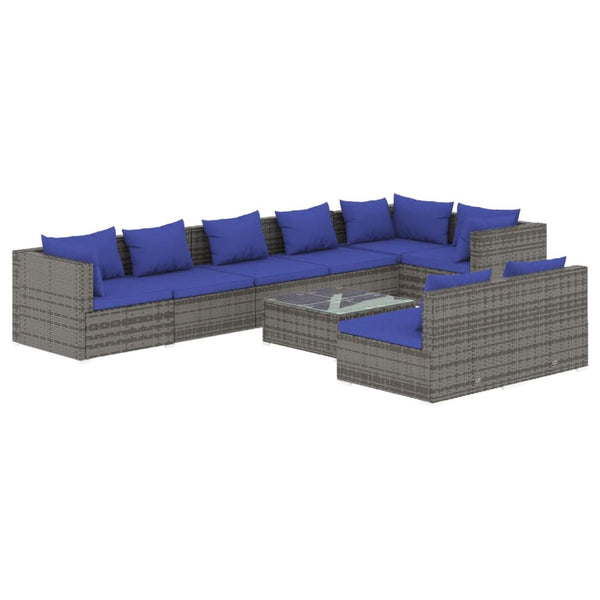 9-tlg. Garten-Lounge-Set mit Kissen Grau Poly Rattan