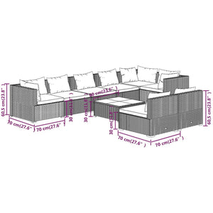 9-tlg. Garten-Lounge-Set mit Kissen Grau Poly Rattan