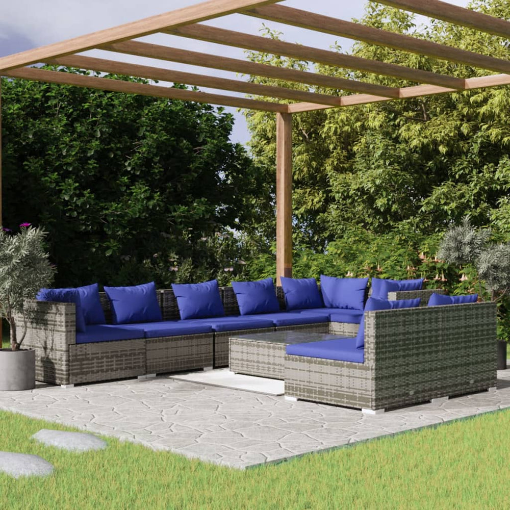 9-tlg. Garten-Lounge-Set mit Kissen Grau Poly Rattan
