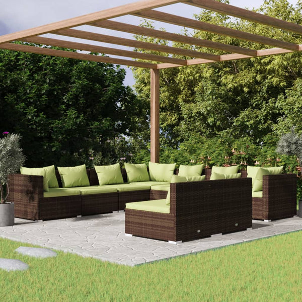 9-tlg. Garten-Lounge-Set mit Kissen Braun Poly Rattan