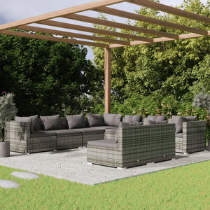 9-tlg. Garten-Lounge-Set mit Kissen Grau Poly Rattan