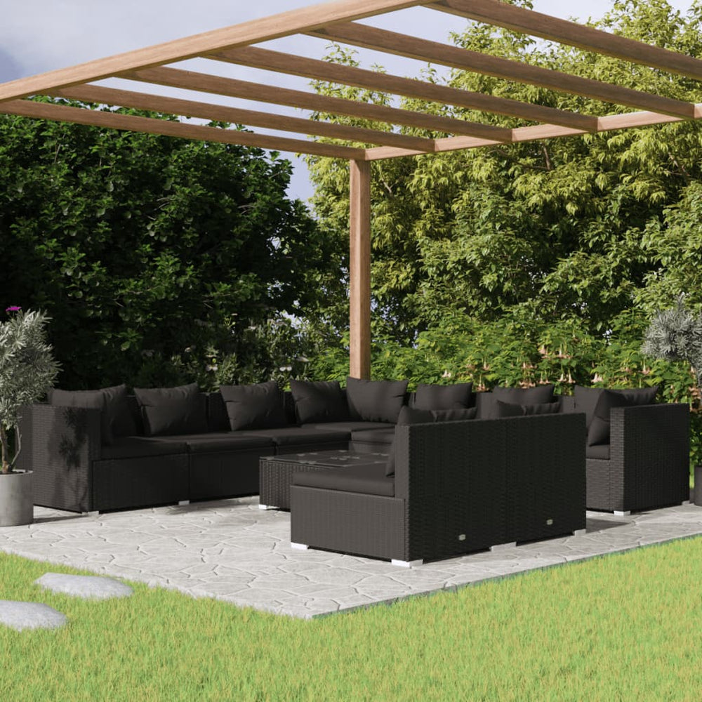 10-tlg. Garten-Lounge-Set mit Kissen Schwarz Poly Rattan
