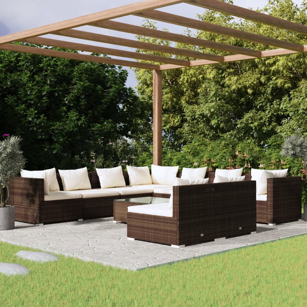 10-tlg. Garten-Lounge-Set mit Kissen Braun Poly Rattan