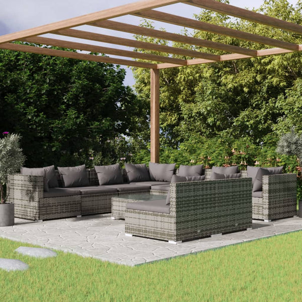 10-tlg. Garten-Lounge-Set mit Kissen Grau Poly Rattan