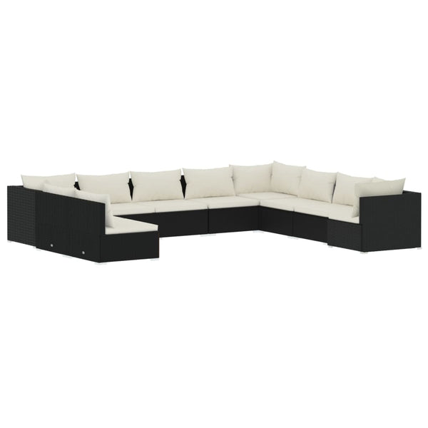 10-tlg. Garten-Lounge-Set mit Kissen Schwarz Poly Rattan