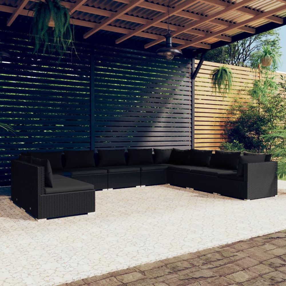 10-tlg. Garten-Lounge-Set mit Kissen Schwarz Poly Rattan